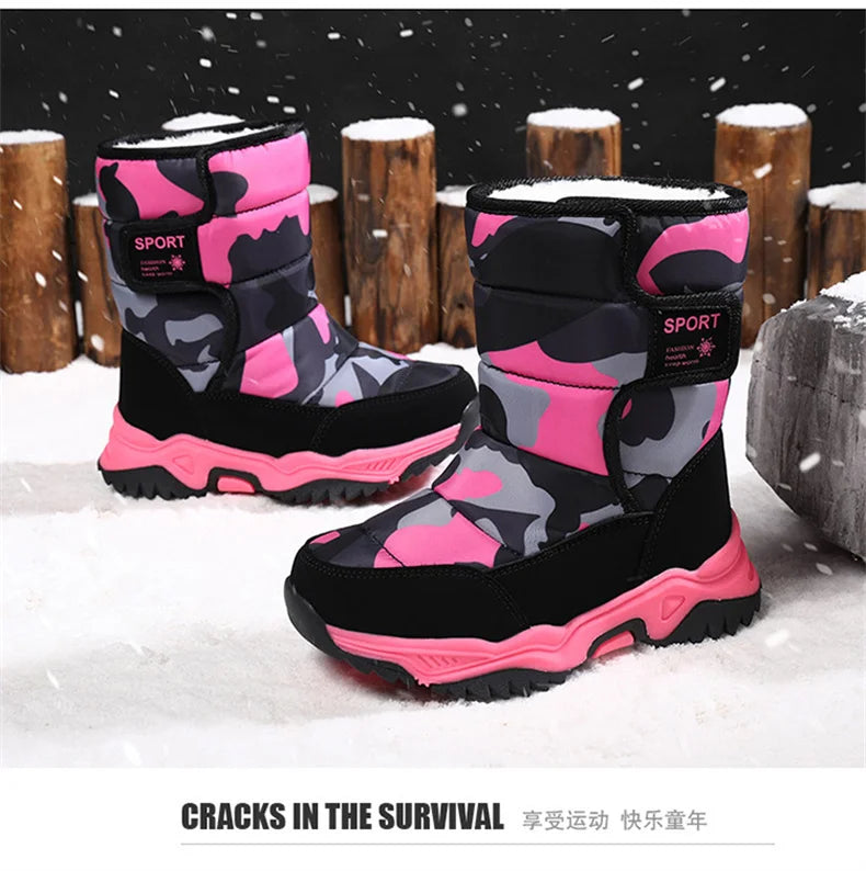 2023 Winter Children Shoes Plush Waterproof Fabric Non-Slip Girl Shoes Rubber Sole Snow Boots Fashion Warm Outdoor Boots