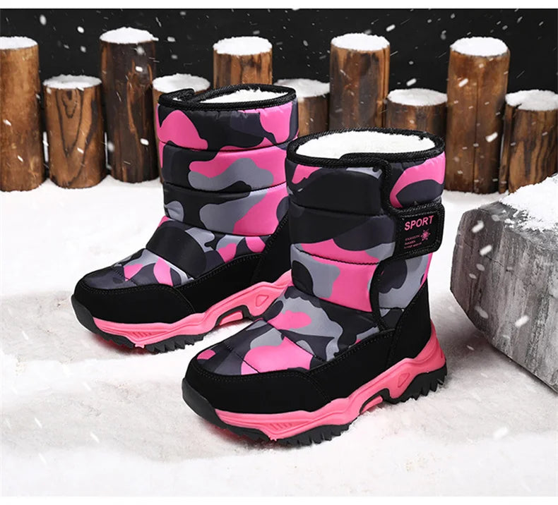 2023 Winter Children Shoes Plush Waterproof Fabric Non-Slip Girl Shoes Rubber Sole Snow Boots Fashion Warm Outdoor Boots